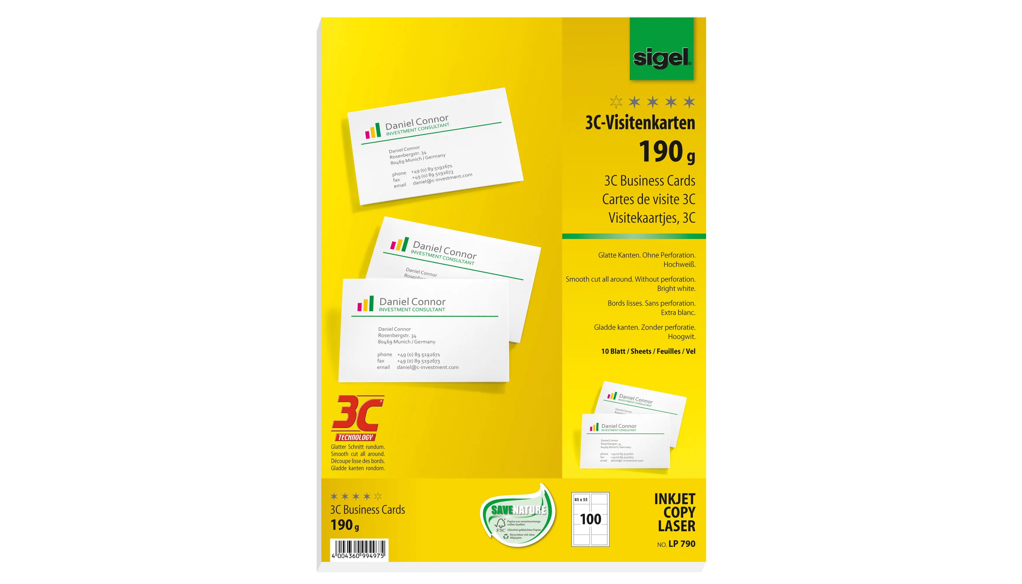 SIGEL Visitenkarten DIN A4 190 g/m² ohne abgerundete Ecken hochweiß 100 Stück/Pack