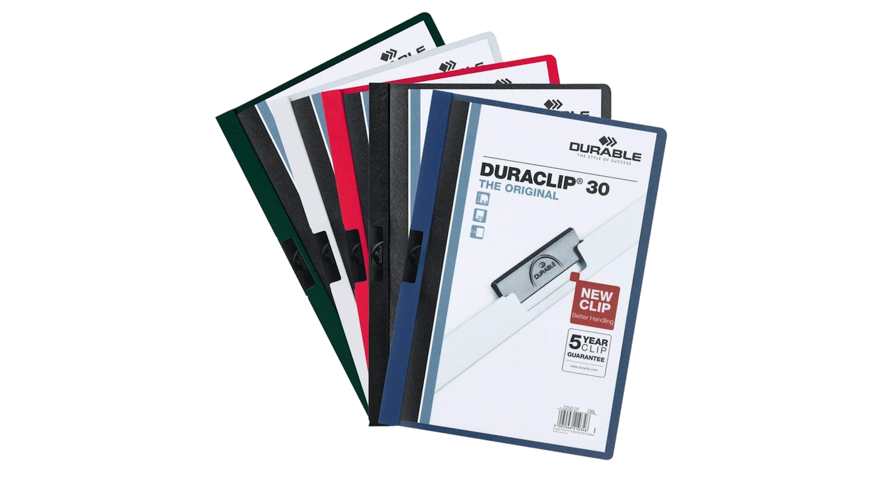 DURABLE Klemmhefter DURACLIP® 30 DIN A4 Hartfolie 5 Stück/Pack farbig sortiert