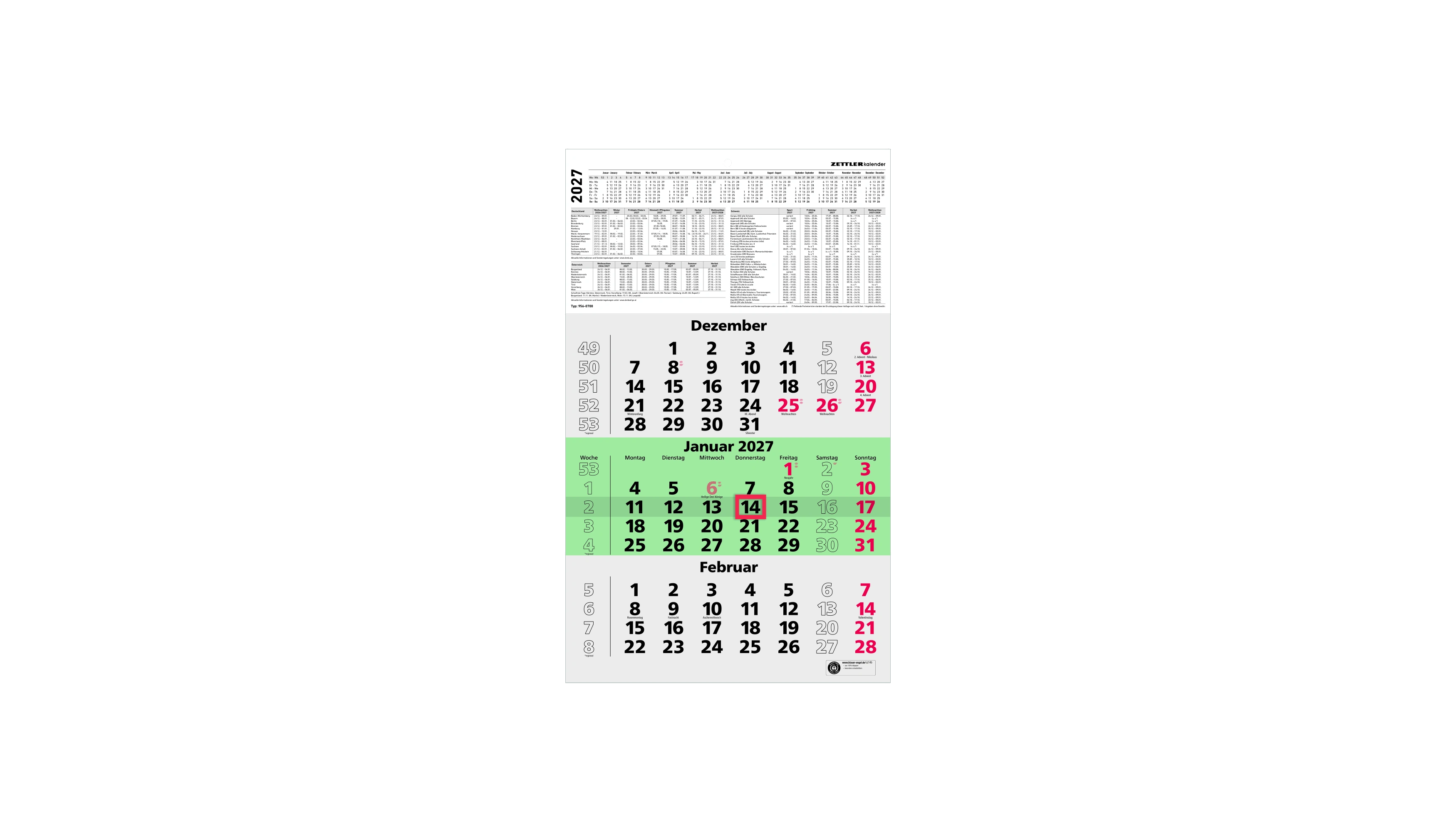 ZETTLER Wandkalender 956 2027 3 Monate/1 Seite 29,5 x 49 cm (B x H) schwarz/rot/grün