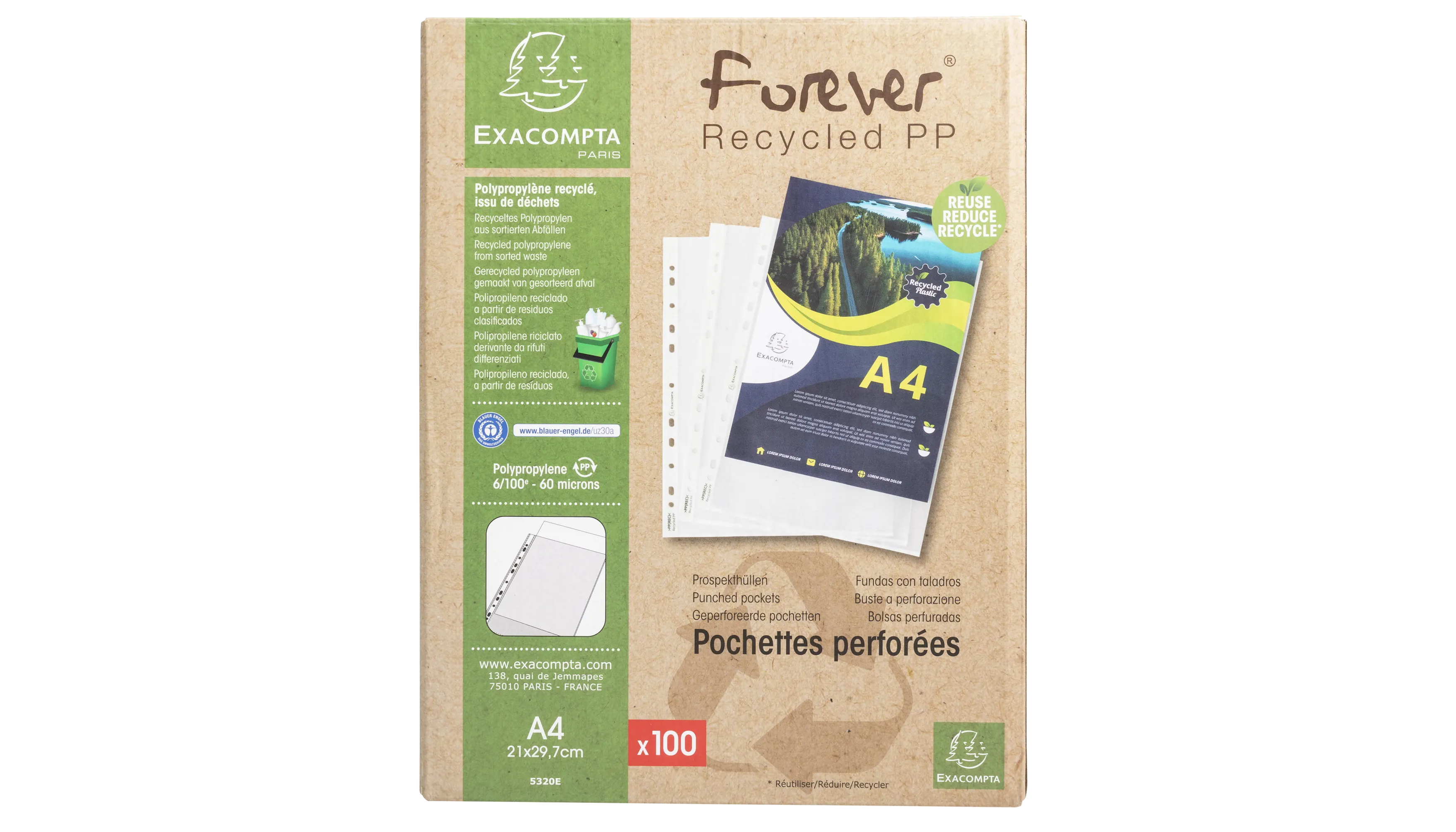 EXACOMPTA Prospekthülle Forever® DIN A4 60 µm 100 Stück/Pack genarbt transparent