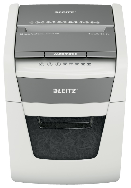 LEITZ Aktenvernichter IQ Autofeed Small Office 50 Partikelschnitt P-4 weiß