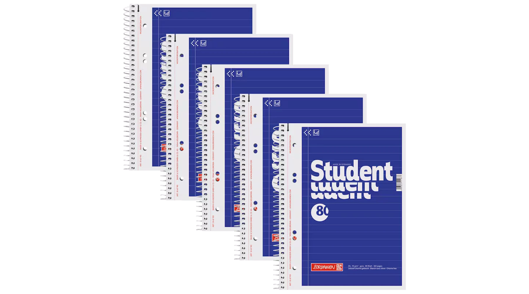 BRUNNEN Collegeblock Student DIN A5 liniert 70 g/m² 80 Blatt 5 Stück/Pack