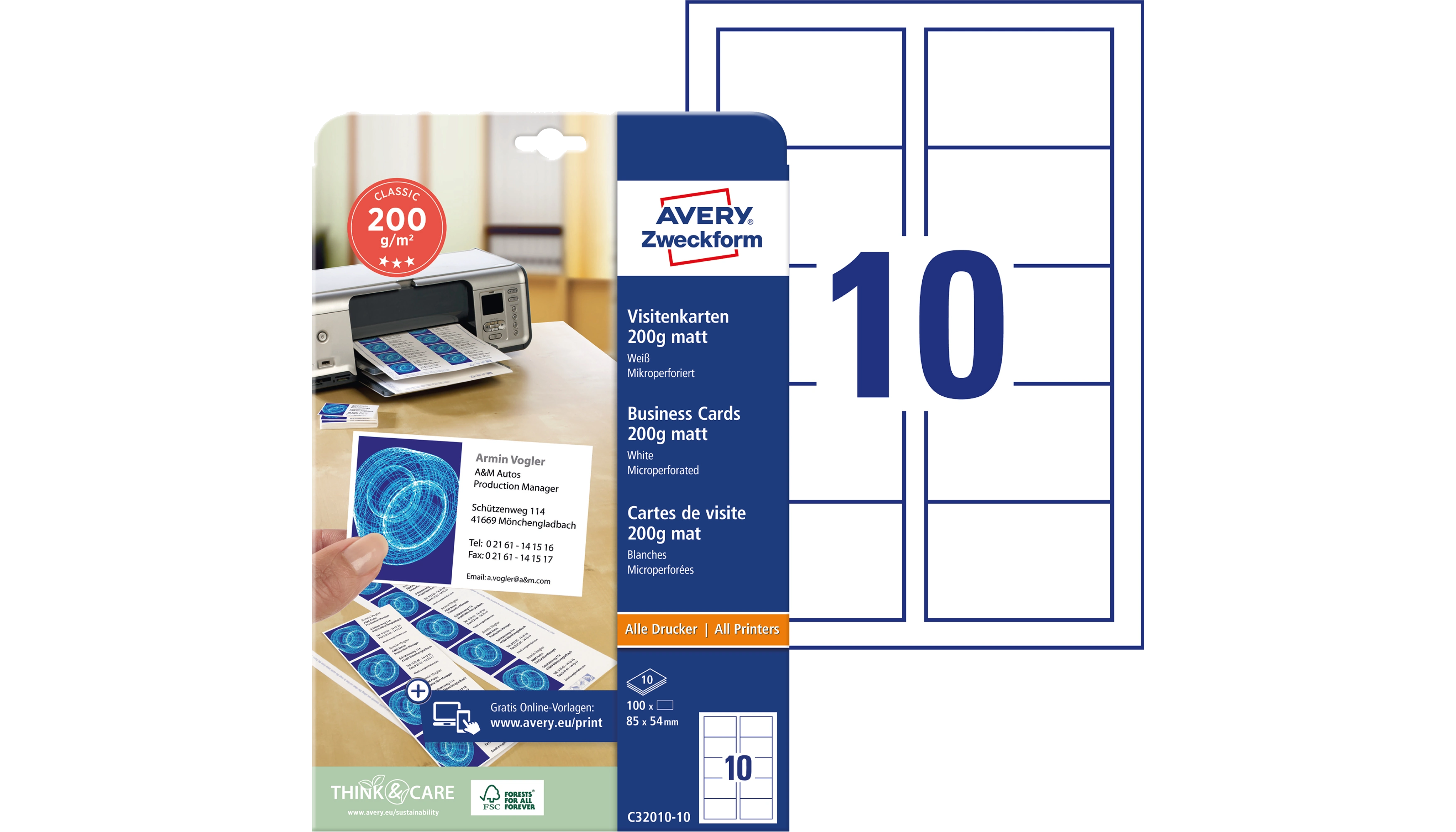 AVERY ZWECKFORM Visitenkarte Classic DIN A4 200 g/m² 100 Stück/Pack weiß
