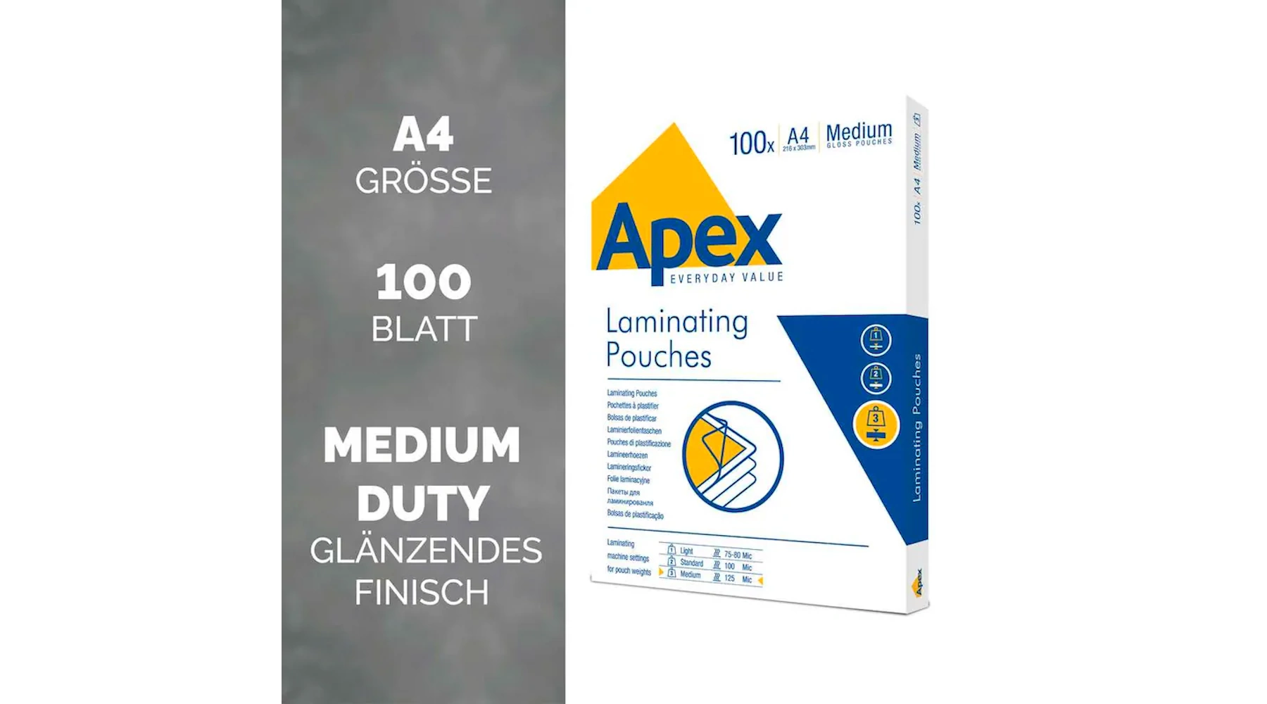 FELLOWES® Laminierfolie Apex DIN A4 125 µm glänzend 100 Stück/Pack transparent
