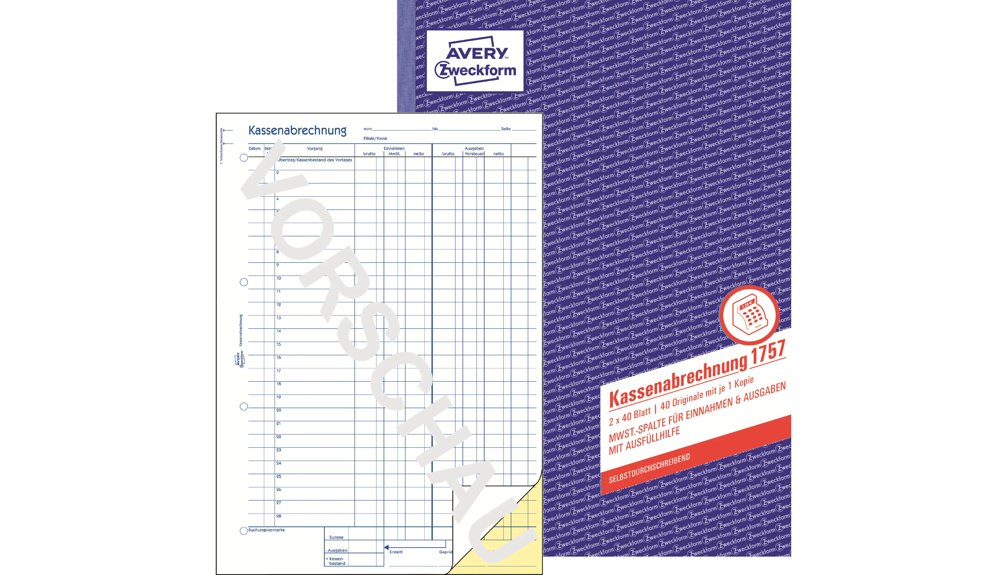 AVERY ZWECKFORM Kassenabrechnung DIN A4  2 x 40 Blatt 1 Durchschlag 