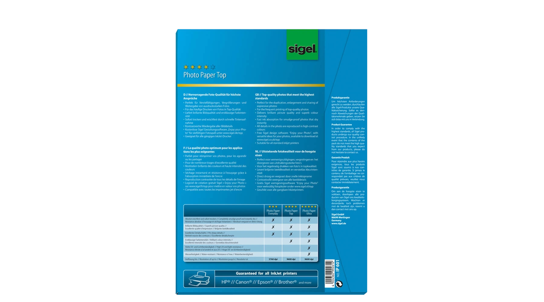 SIGEL Fotopapier IP639 DIN A4 hochglänzend 190 g/m² 50 Blatt/Pack superweiß