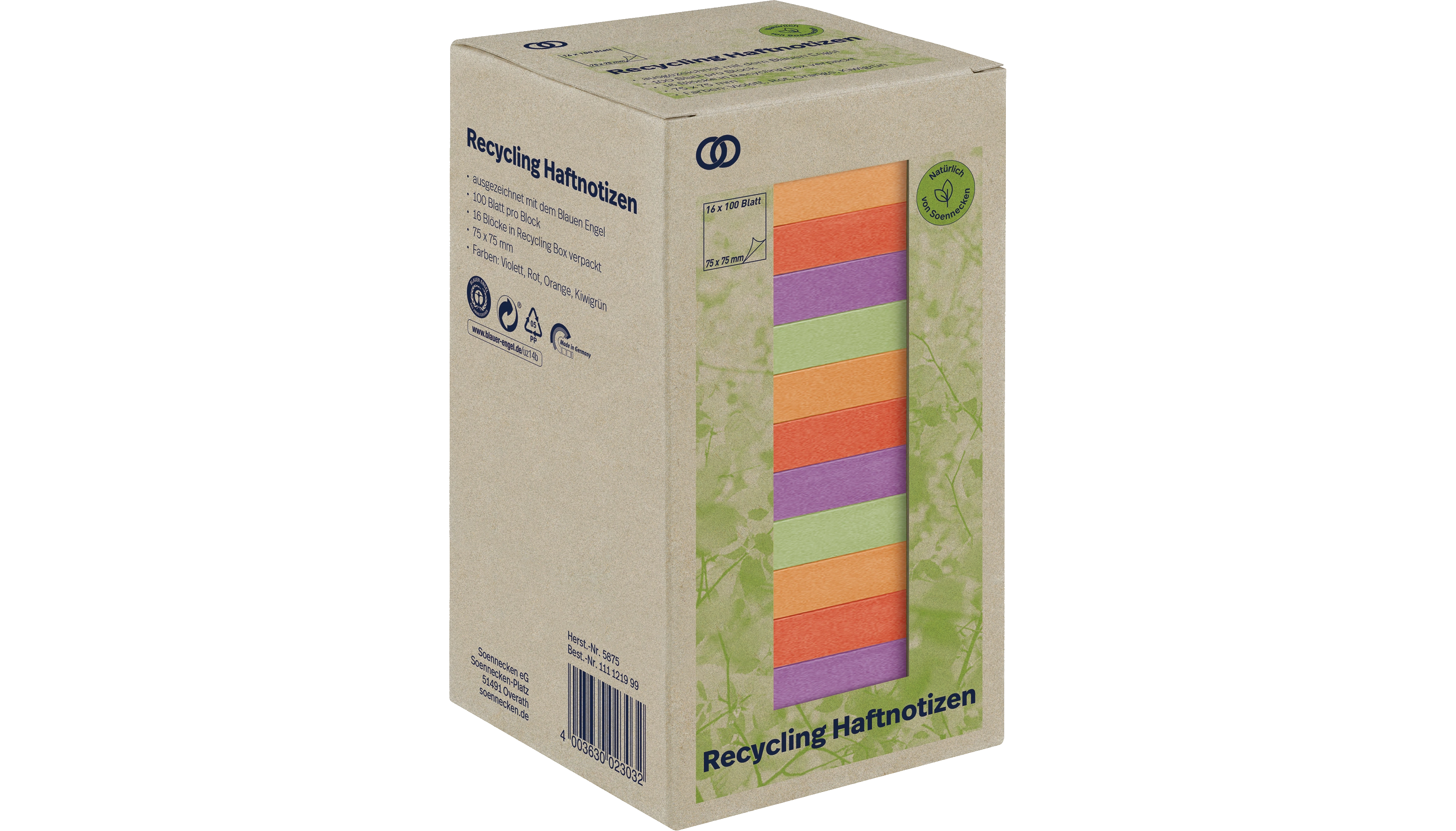 SOENNECKEN Haftnotiz Recycling 75 x 75 mm (B x H) 100 % Recyclingpapier 16 Blöcke/Pack farbig sortiert