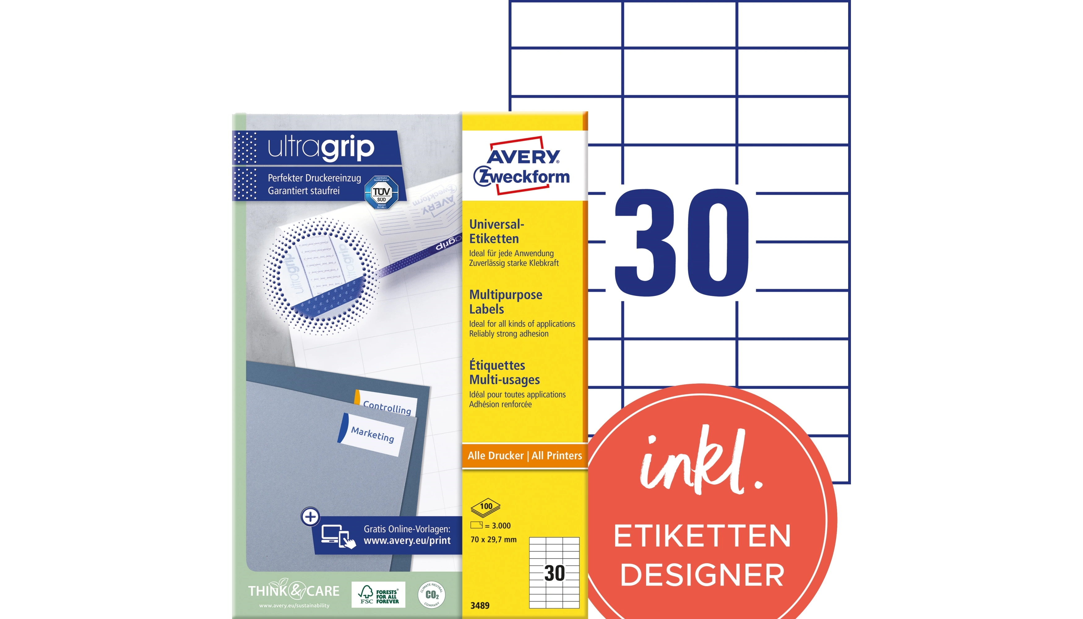 AVERY ZWECKFORM Universaletikett ultragrip 70 x 29,7 mm (B x H) 3.000 Etiketten/Pack weiß