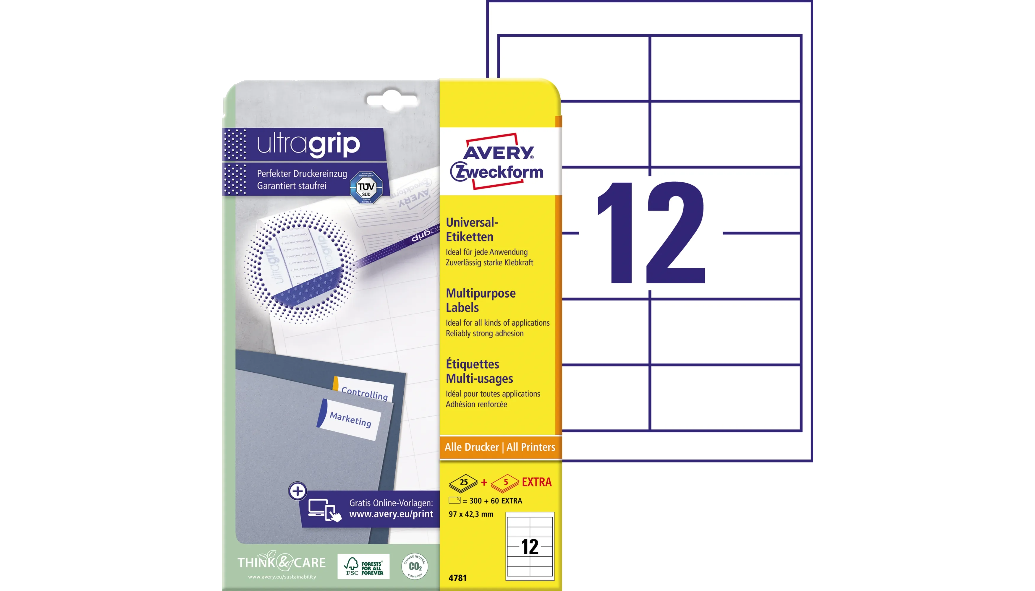 AVERY ZWECKFORM Universaletikett ultragrip 97 x 42,3 mm 360 Etiketten/Pack weiß