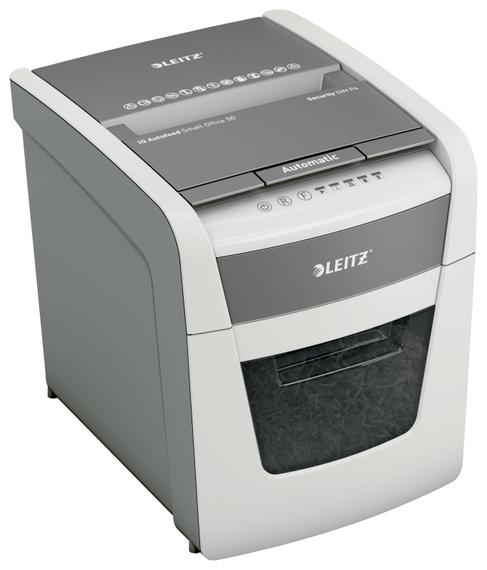 LEITZ Aktenvernichter IQ Autofeed Small Office 50 Partikelschnitt P-4 weiß