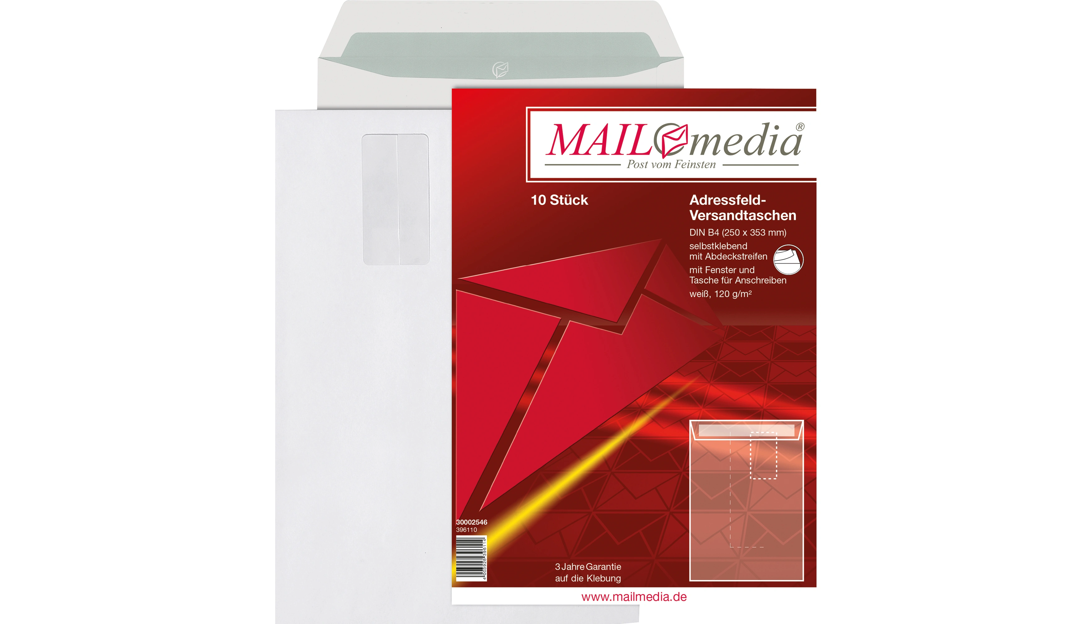 MAILmedia Versandtasche DIN B4 mit Fenster weiß haftklebend 10 Stück/Pack.
